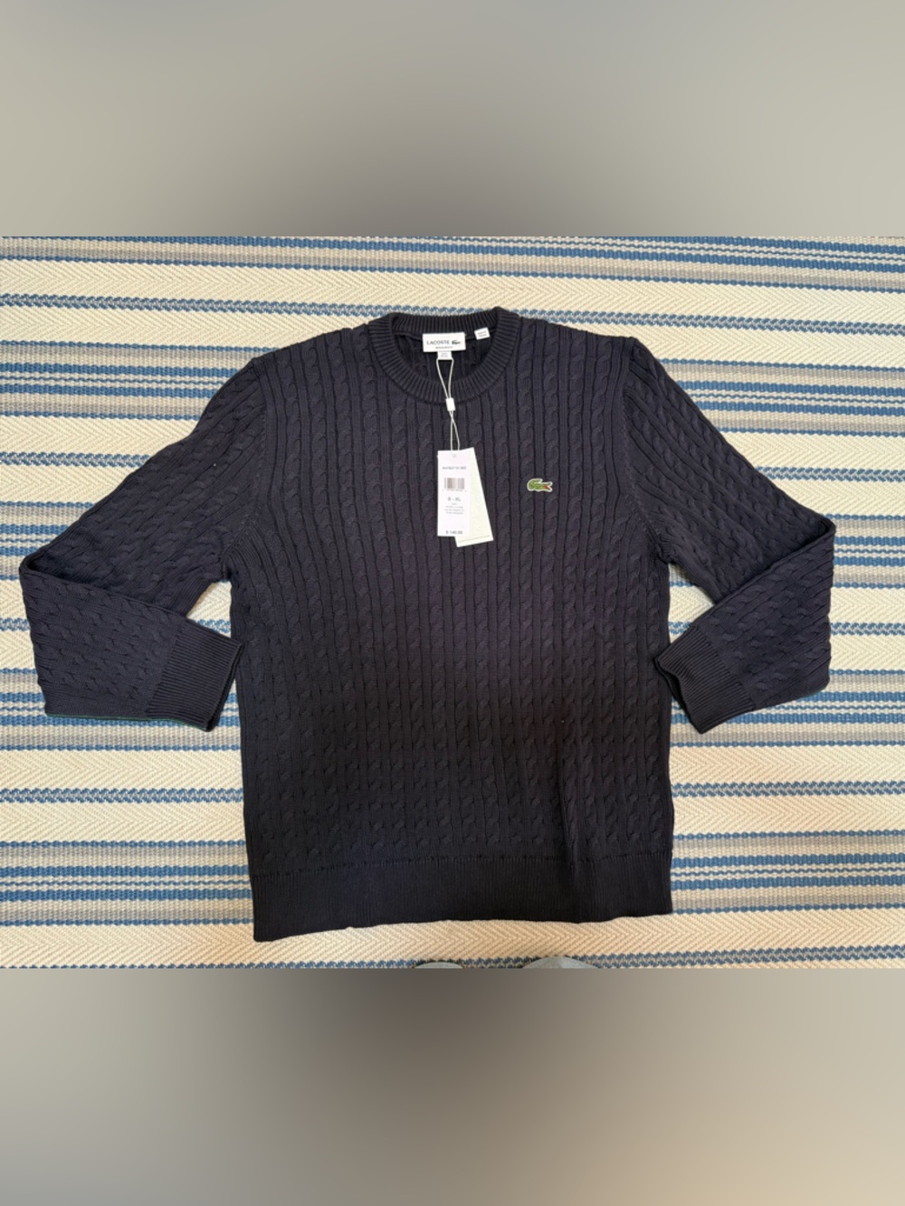 Lacoste Men’s Navy Cable Crewneck Sweater with Green trim size XL